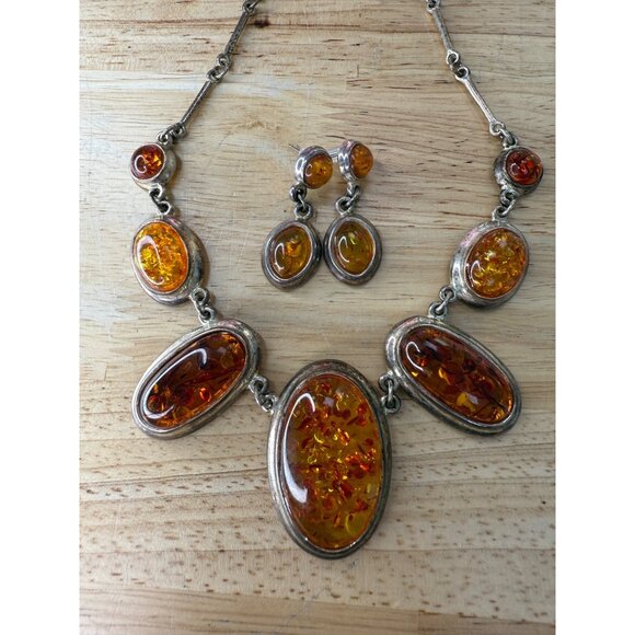 Amber Necklace & Earring Set With Silver Details - Picture 10 of 16